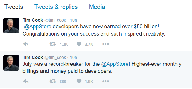 苹果 CEO 发 Twitter 庆祝苹果 App 商店为开发者创收500亿美元